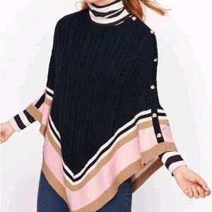 Talbots Navy Cable Knit Cardigan style Cape with Striped Hem S/M